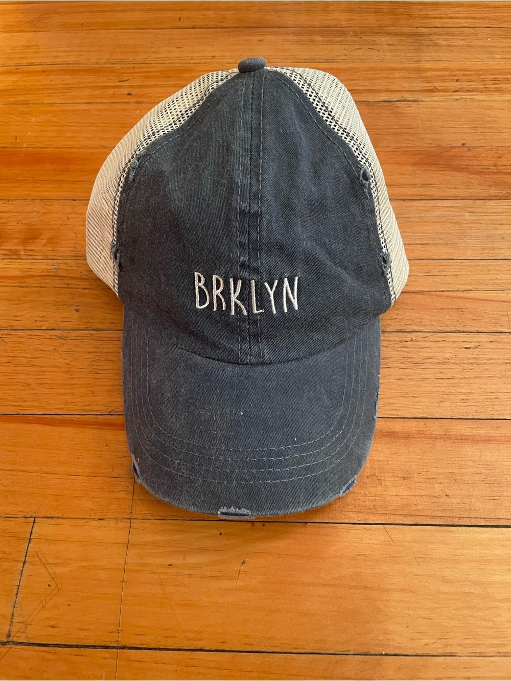 Navy and Cream Brooklyn Trucker Mesh Distressed Hat